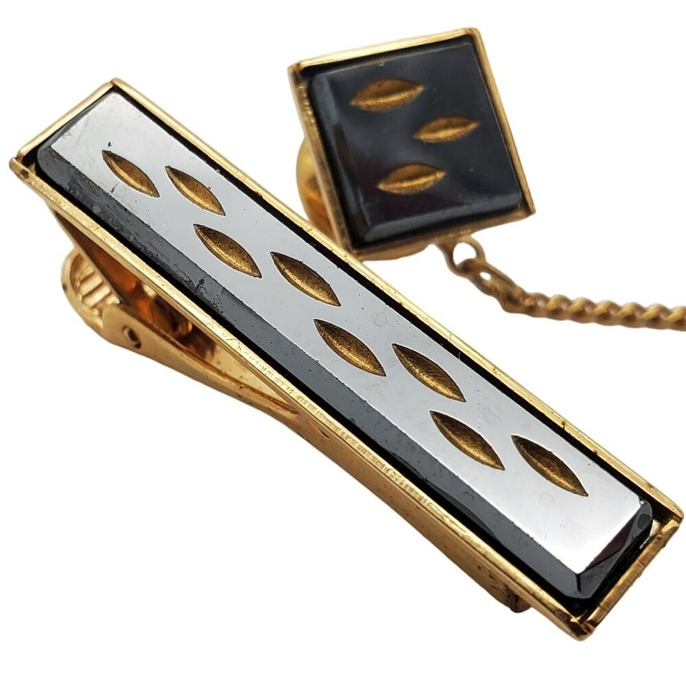 Retro Hematite Tie Bar Tack Sarah Coventry Pin Gold Tone Clasp Clip Black Gray